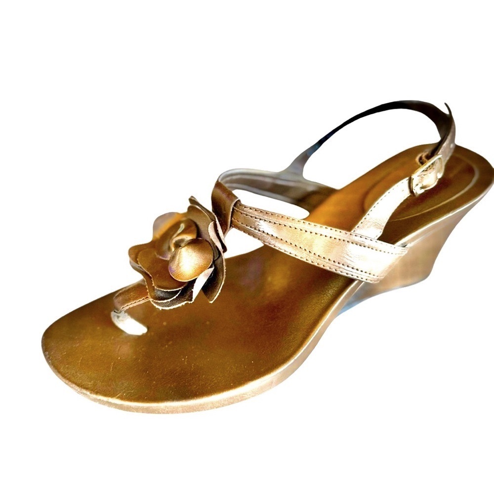 Madeline Stuart Metallic Gold Wedge Thong Sandals with Floral Accent